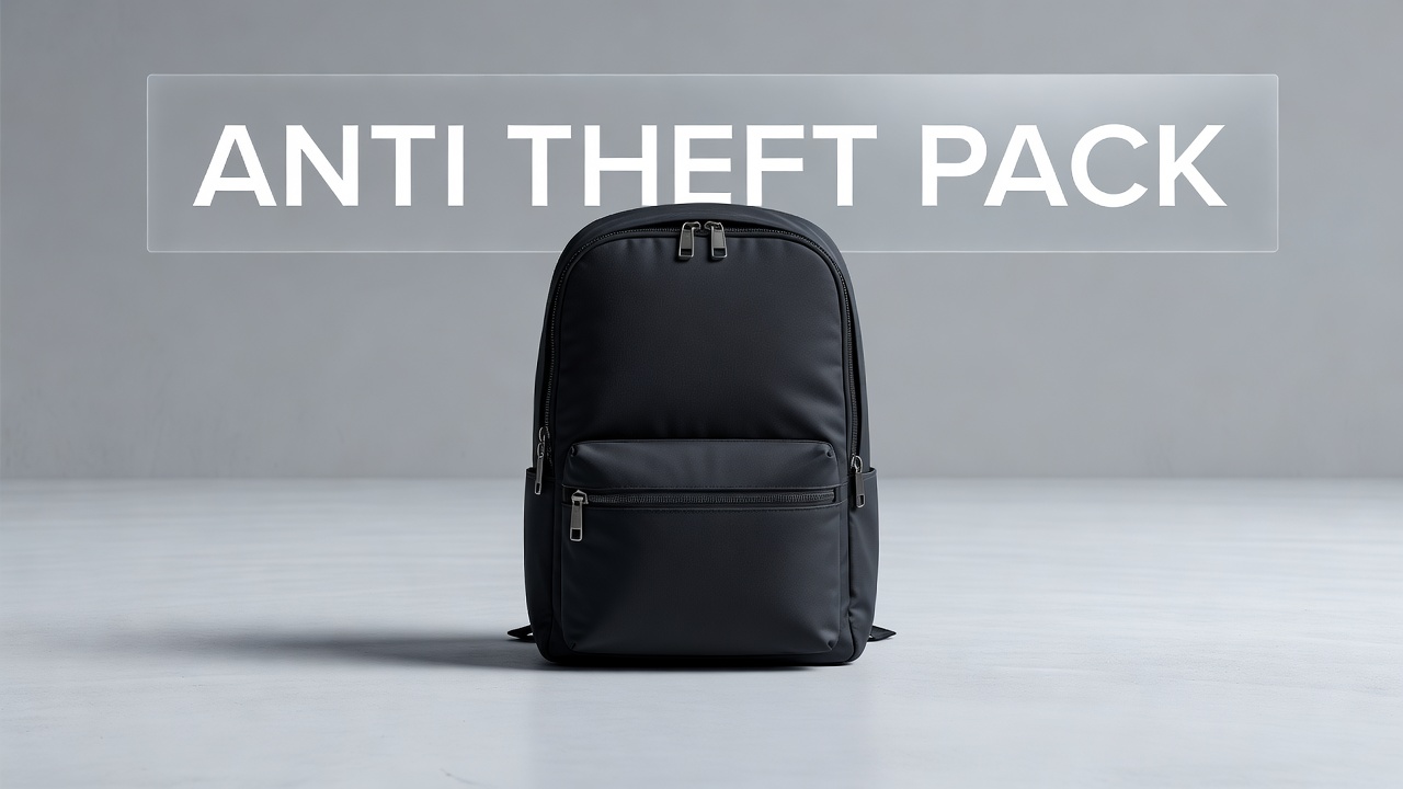 Wide 3D render of a dark anti-theft backpack with locking zip clips on a plain pale grey floor