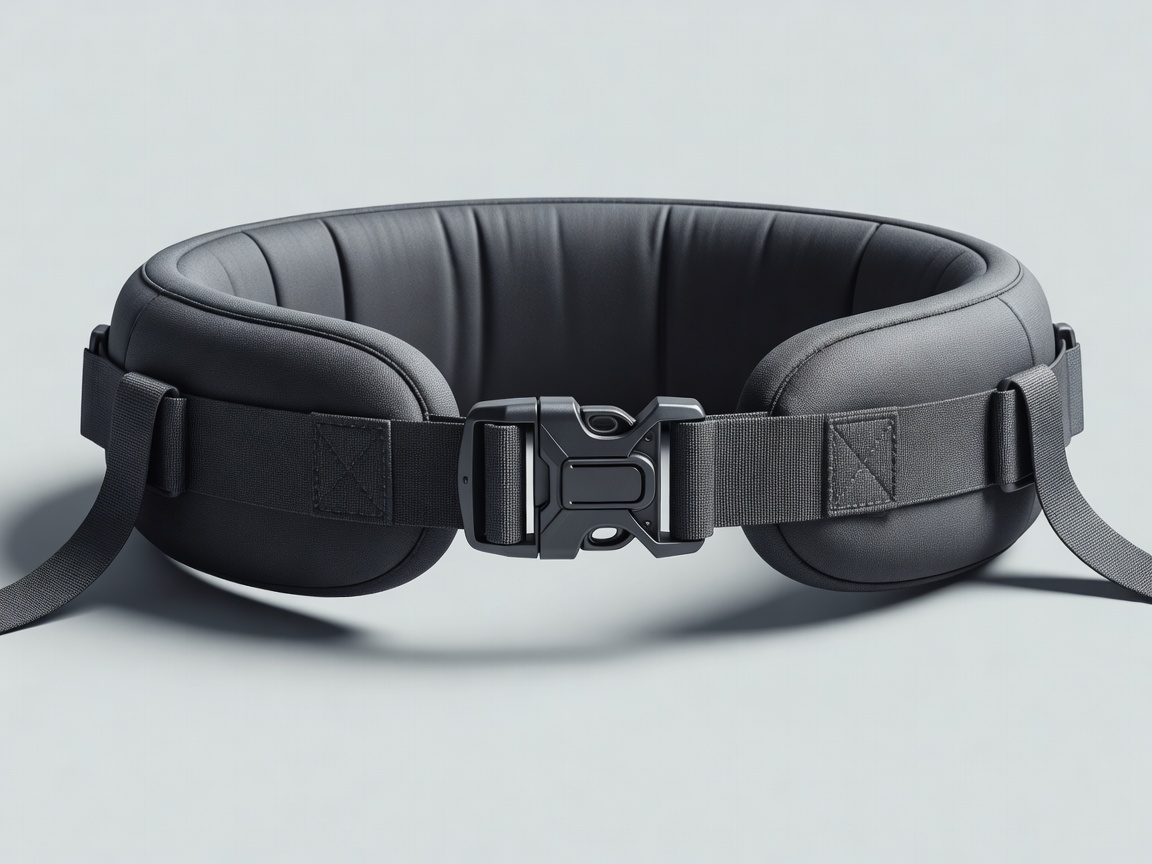 Close-up 3D render of a padded backpack hip belt and buckle on a pale grey background