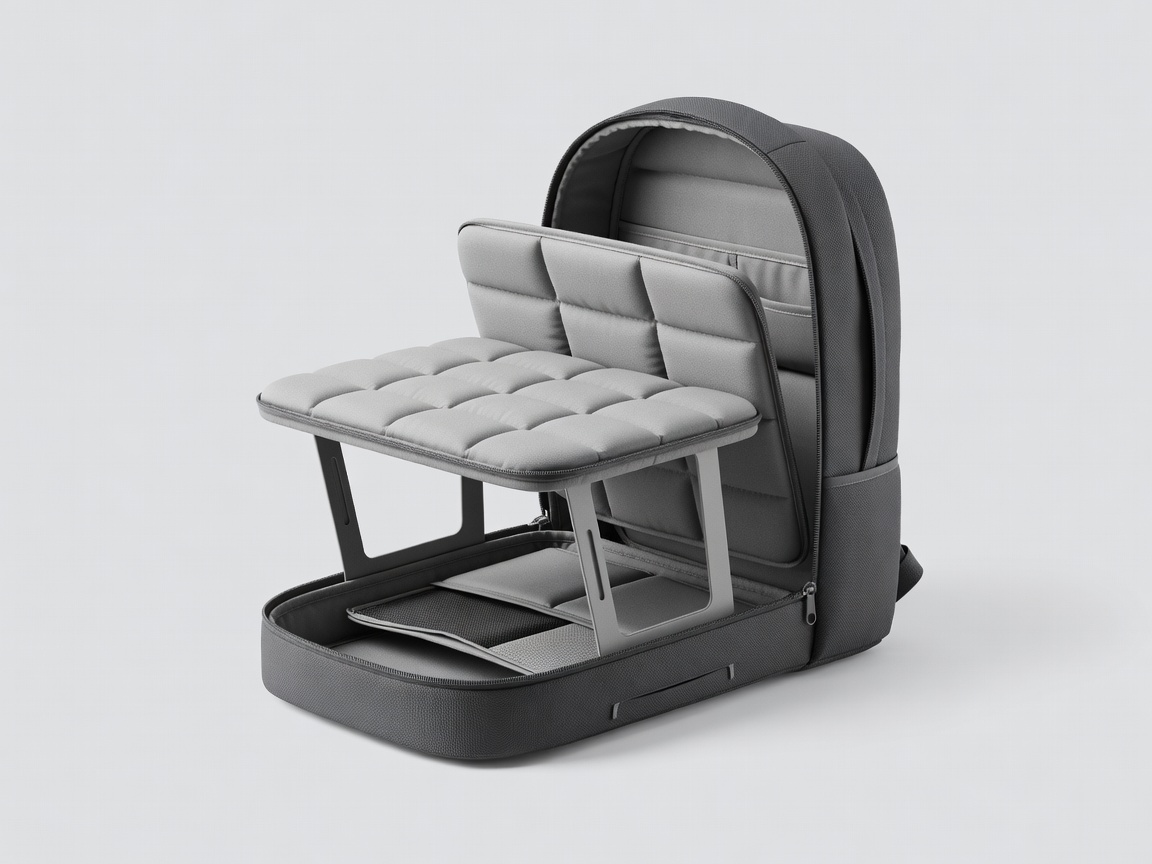3D render cutaway of a backpack showing a padded laptop sleeve raised above the base on a pale grey background