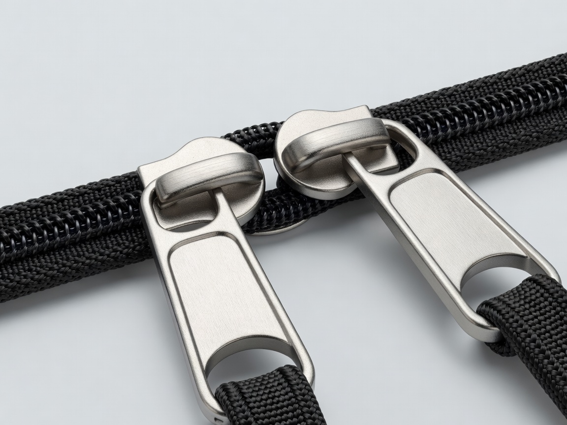Close-up 3D render of two backpack zip pullers locked together with a clip on a pale grey background