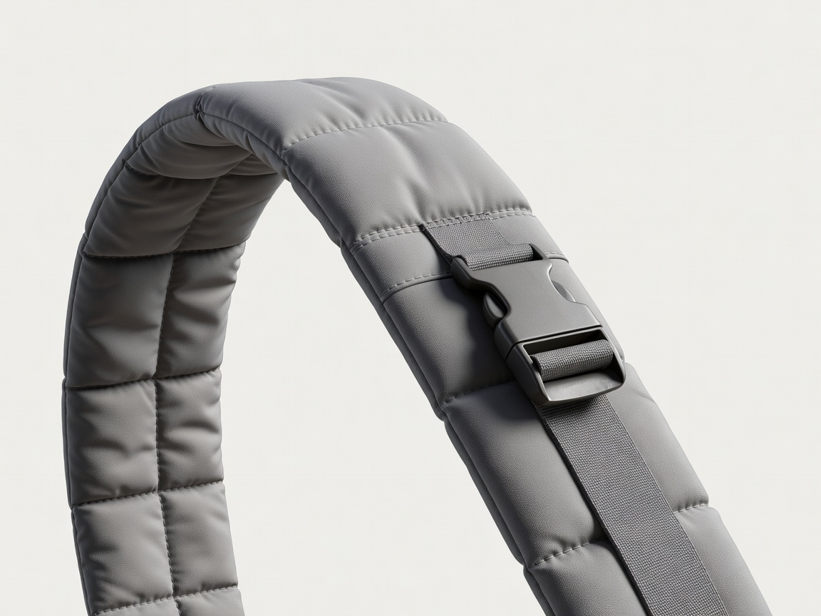 Close-up 3D render of a padded backpack shoulder strap and sternum clip on a pale background