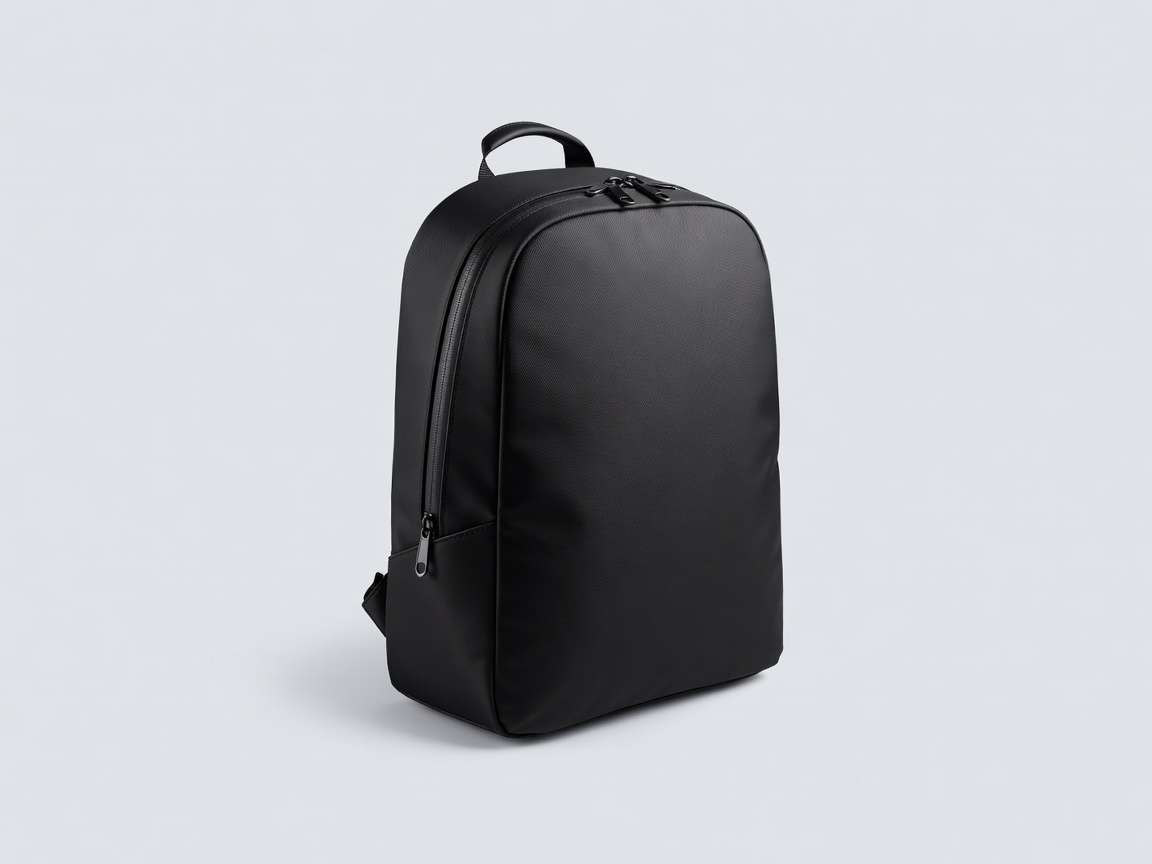 3D render of a compact black carry-on backpack with a clamshell zip opening on a pale grey backdrop