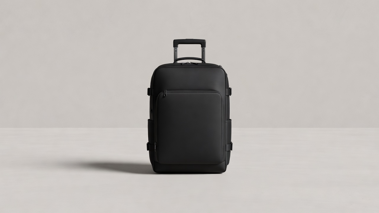 Wide 3D render of a black carry-on travel backpack standing on a plain pale grey floor