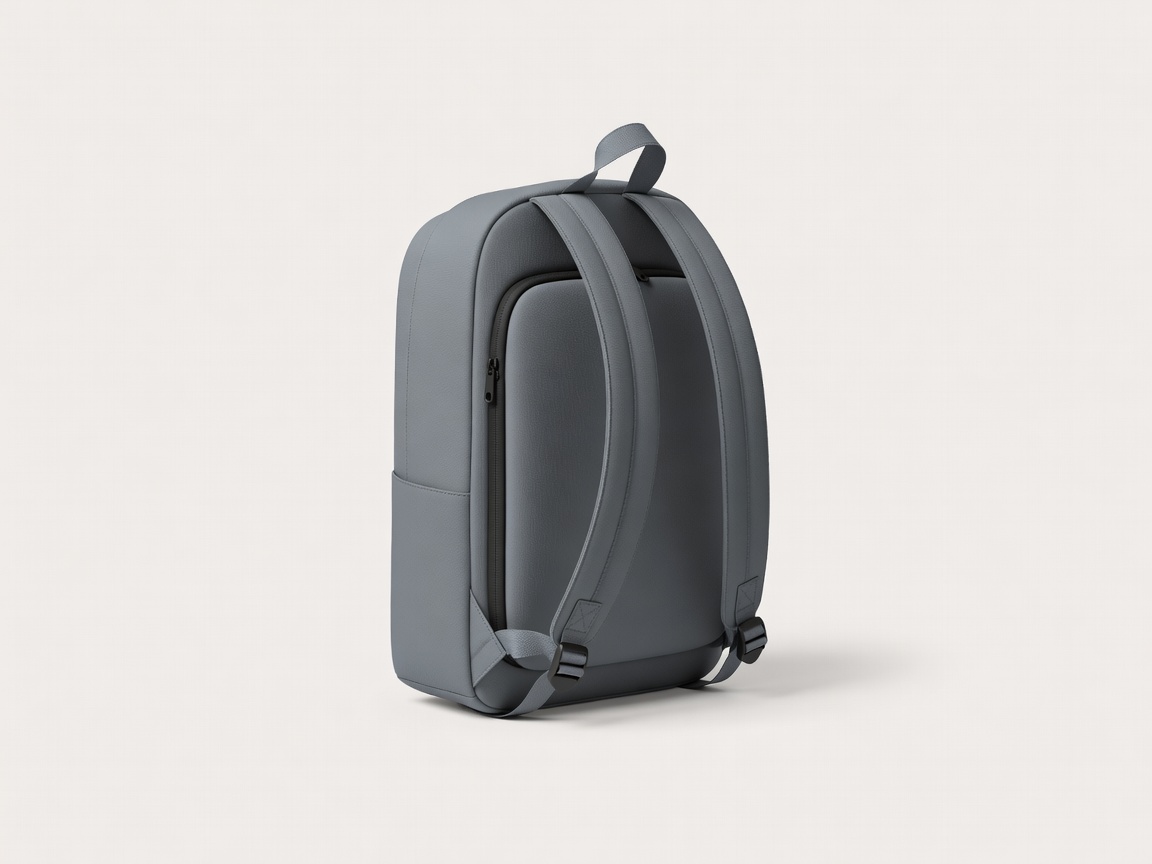 3D render of a slim grey commuter backpack with a padded laptop compartment on a pale background