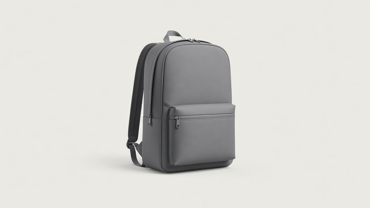 Wide 3D render of a slim grey commuter backpack with a laptop pocket on a plain pale background