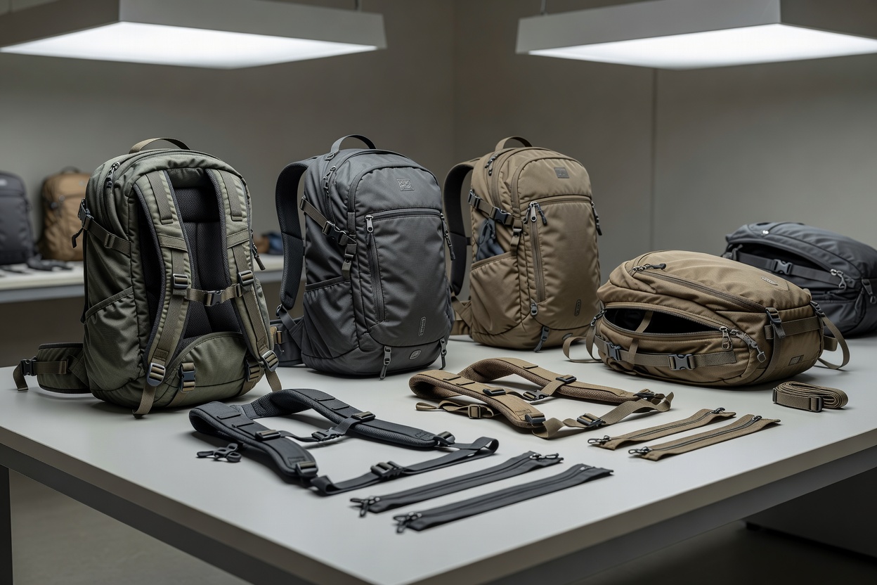 Soft-lit 3D render of several backpacks, straps and zips laid out on a pale grey testing table