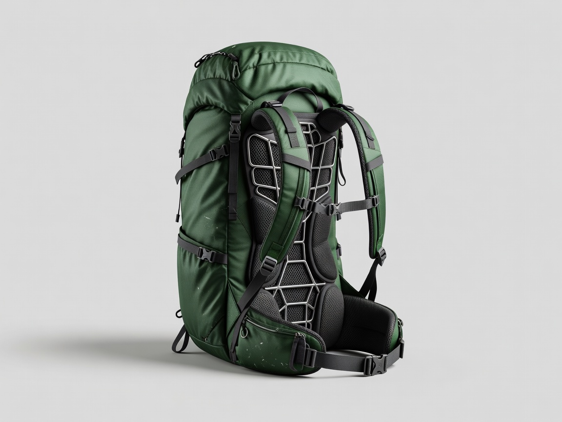 3D render of a large green trekking backpack with a ventilated back panel on a pale grey backdrop