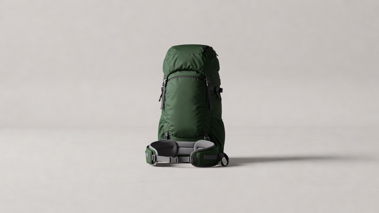 Wide 3D render of a green trekking backpack with a hip belt standing on a plain pale grey floor