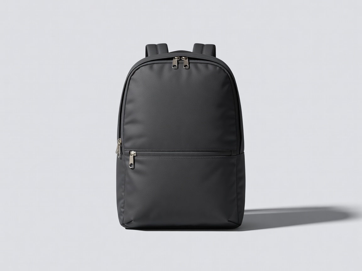 3D render of a dark backpack with lockable zip clips and a hidden pocket on a pale grey backdrop